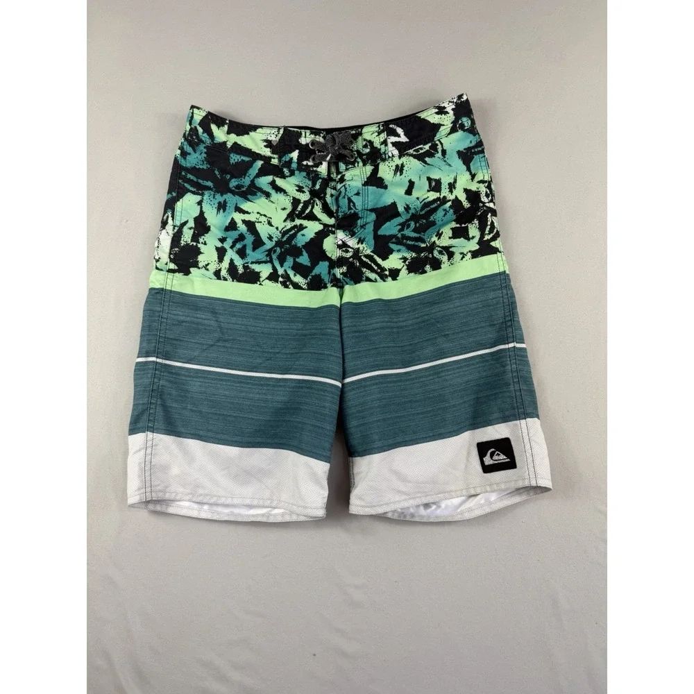Quiksilver swim trunks board shorts, green, tie up front, big kid's 27